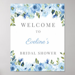 Poster Douche nuptiale fleurie bleu Dusty signe d'accueil