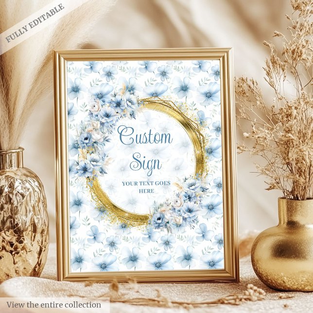 Poster Doux pastel bleu fleurs or boho panneau personnali (Sweet pastel blue flowers gold boho custom sign)