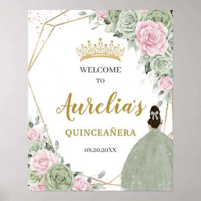 Poster Doux Sage Vert rose Floral Quinceañera Bienvenue (Devant)
