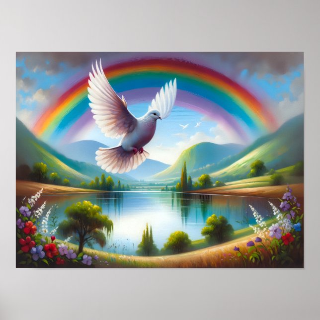 Poster Dove volant sous un arc-en-ciel (Devant)