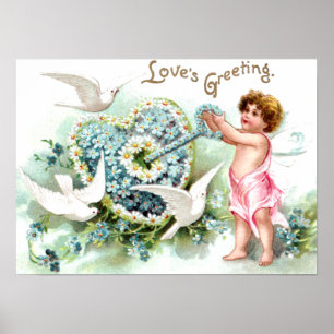 Poster Doves, Cupidon, Clé et Coeur Vintage Valentin