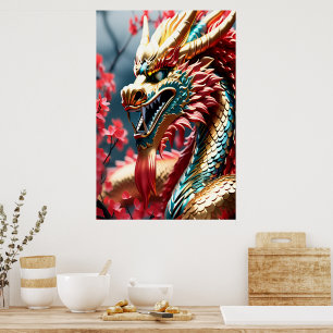 Poster Dragon à respiration par feu balance or bleu et ro