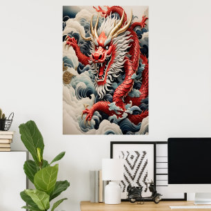Poster Dragon à souffle de feu rouge et blanc
