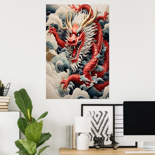 Poster Dragon à souffle de feu rouge et blanc (Bureau à domicile)