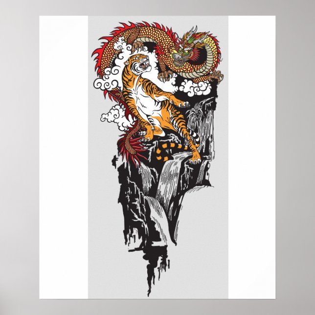 Poster Dragon asiatique contre tigre. ART graphique (Devant)