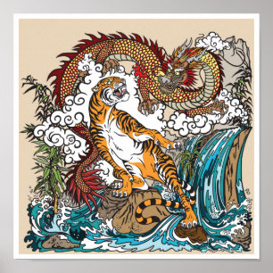 Poster Dragon asiatique contre tigre. ART graphique