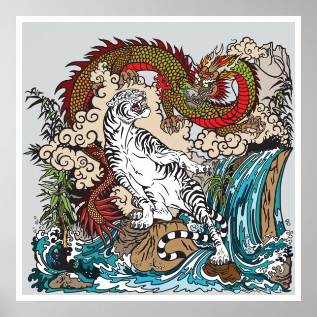 Poster Dragon asiatique vert VS tigre blanc. Illustration (Devant)