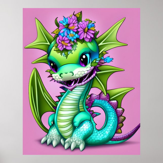 Poster Dragon bébé violet et vert (Devant)