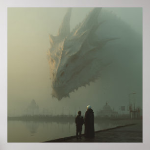 Poster Dragon Blanc Géant au-Dessus de la Jetée de la Vil
