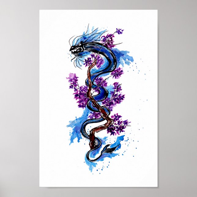 Poster Dragon bleu et fleurs violettes (Devant)