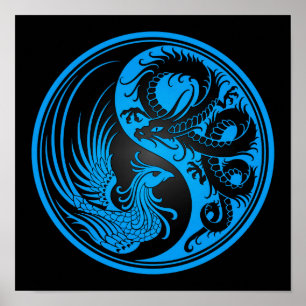 Poster Dragon bleu et noir Phoenix Yin Yang