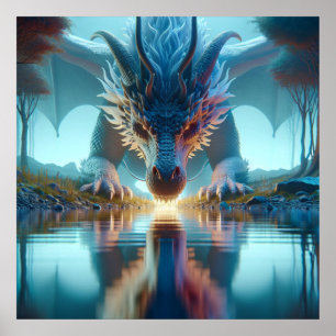 Poster Dragon Bleu Mystique Reflection dans l'eau