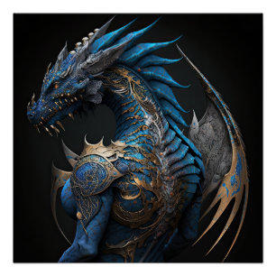 Poster Dragon bleu Steampunk avec perruques métalliques I