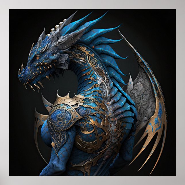 Poster Dragon bleu vapeur avec ailes métalliques IA art (Devant)