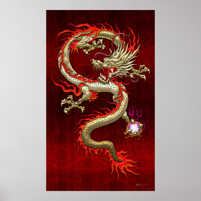 Poster Dragon chinois d'or Fucanglong sur la soie rouge (Devant)