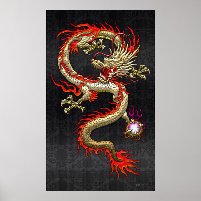 Poster Dragon chinois d'or Fucanglong sur soie noire (Devant)