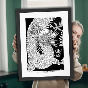 Poster Dragon Chinois Esquisse à l'encre noire et blanche