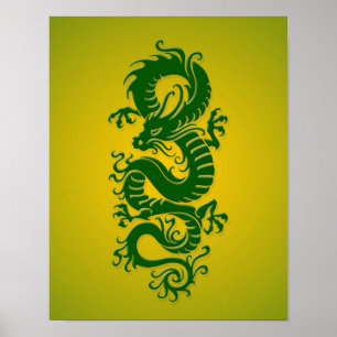 Poster Dragon chinois tribal vert et jaune