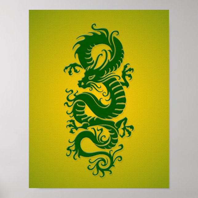 Poster Dragon chinois tribal vert et jaune (Devant)