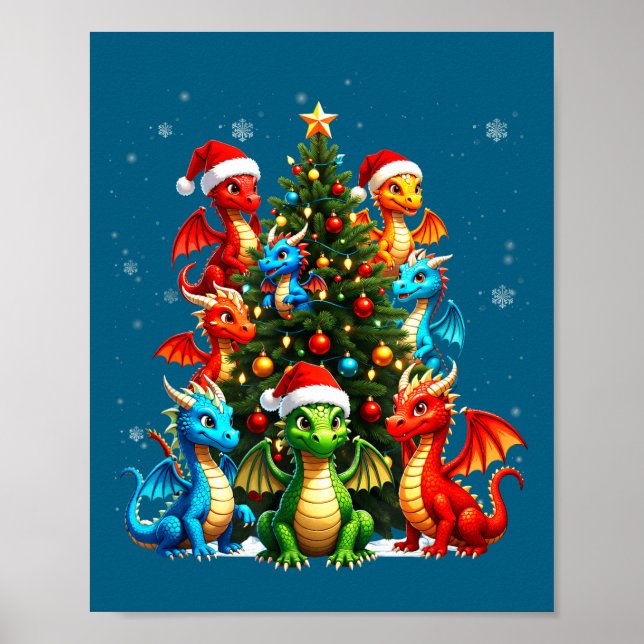 Poster Dragon Christmas Tree Squad Santa Hat Fantasy Myth (Devant)