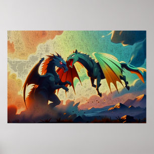 Poster Dragon contre Pégase - Art Fantastique