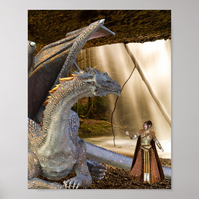 Poster Dragon de bronze avec reine Elfe de fée (Devant)