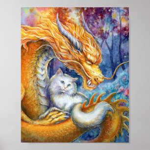 Poster Dragon Doré & Chat Blanc dans l'Art Aquarelle de l