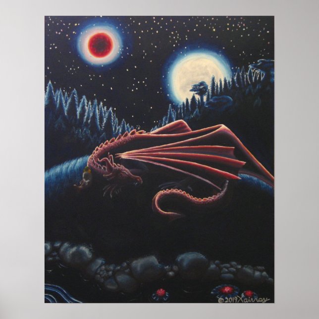 Poster Dragon dormant et cavalier sous la Lune Rouge (Devant)