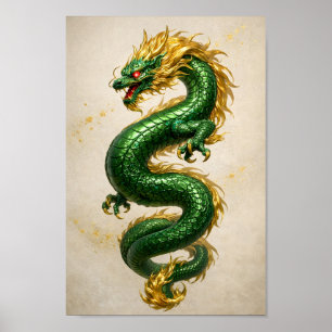 Poster Dragon Emeraude à Crinière Dorée – Créature Mythiq