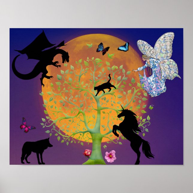 Poster Dragon Fairy Unicorn Imaginaire Arbre et Pleine lu (Devant)
