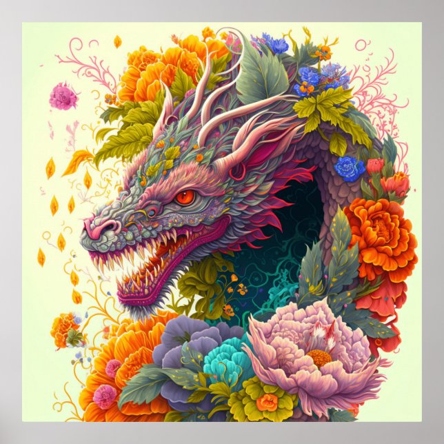 Poster Dragon floral coloré (Devant)
