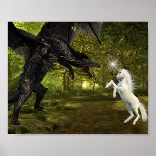 Poster Dragon foncé contre Imaginaire de la licorne batai