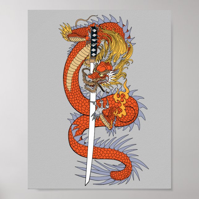 Poster Dragon japonais avec épée de katana (Devant)
