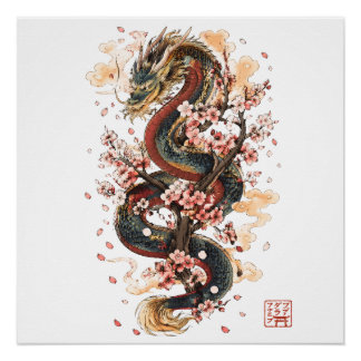 Poster Dragon Japonais avec Fleurs de Cerisier | Mythe Sa