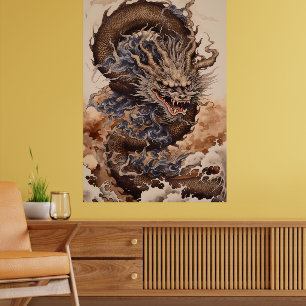 Poster Dragon japonais en forme de serpent avec kanagaw