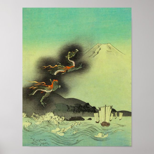Poster Dragon japonais et Mont Fuji (Devant)