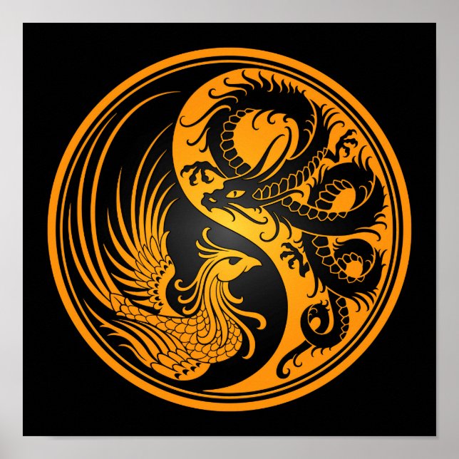 Poster Dragon jaune et noir Phoenix Yin Yang (Devant)
