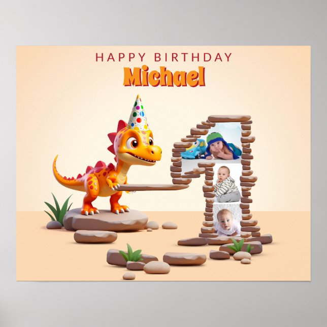 Poster Dragon Little Dino | Photo Big Number 1st Birday (Devant)