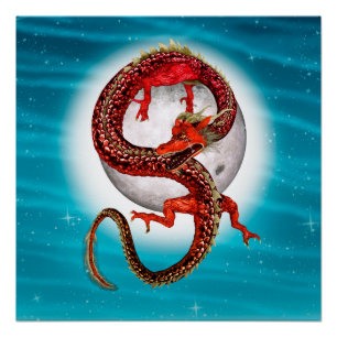 Poster Dragon Lune Rouge Fantastique Artistique