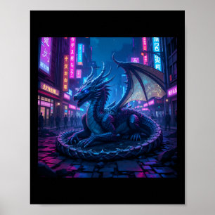 Poster Dragon Majestueux Cyberpunk Reposé À Neon City Sti