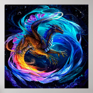 Poster Dragon Majestueux S'envole Parmi des Tourbillons V