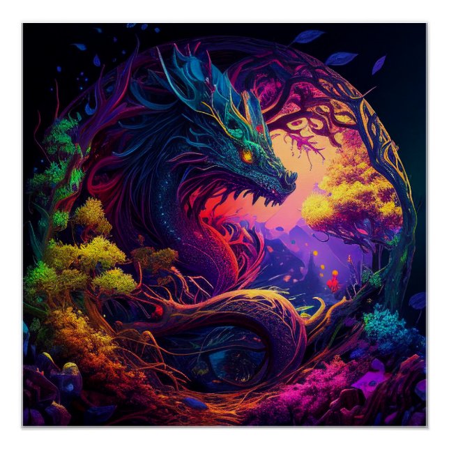 Poster Dragon mystique Imaginaire forestier enchâssé (Devant)