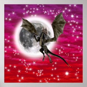 Poster Dragon Noir - Créature Fantastique Mythique Ciel R