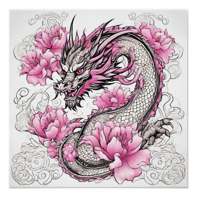 Poster Dragon Oriental aux Fleurs Roses Vibrantes (Devant)