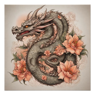 Poster Dragon oriental et fleurs