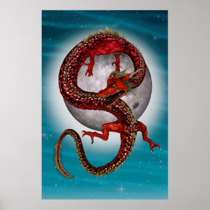 Poster Dragon Oriental Rouge - Créature Fantastique Mythi