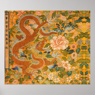 Poster DRAGON PARMI LES PÉONIES, FLEURS, Floral FEUILLE V
