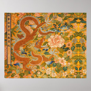 Poster DRAGON PARMI LES PÉONIES, FLEURS, Floral FEUILLE V