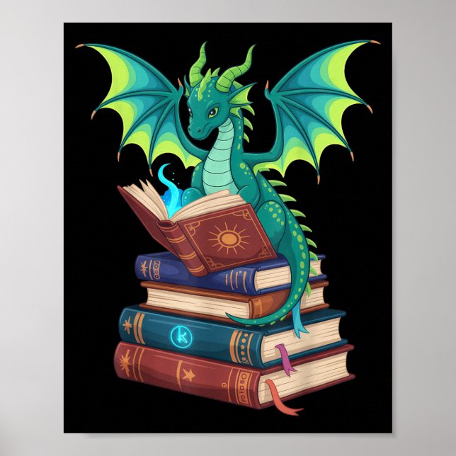 Poster Dragon Reading Books Fantasy Lovers Mythical Creat (Devant)