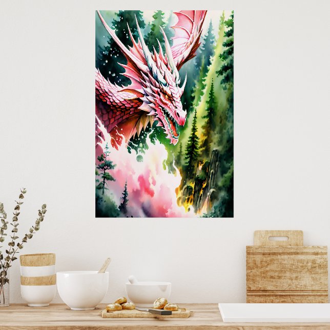 Poster Dragon respirant le feu vibrante écailles roses (Cuisine)